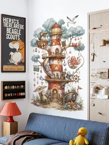 Vue détaillée de l'autocollant mural arbre phare animaux mignons, parfait pour la chambre d'enfant.