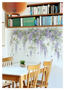 Sticker mural vigne fleur de glycine, plante verte fraîche murale amovible salon décor.