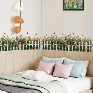 Sticker Mural Pastoral en PVC Vigne de Rose Clôture Translucide Imperméable Amovible Fleur Papillon Décalcomanie Fond pour Chambre Salon Décoration