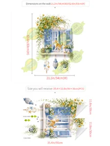 Sticker mural fenêtre méditerranéenne avec chat et fleurs, autocollant PVC amovible pour maison.
