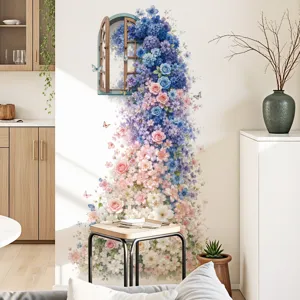 Blue rose faux window wall sticker for living room bedroom home decor self-adhesive PVC mural