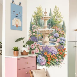 Removable garden fountain wall sticker for bedroom sofa background, waterproof home decor mural.