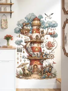 Sticker mural chambre enfant arbre cabane animaux marins mignons phare deco salon