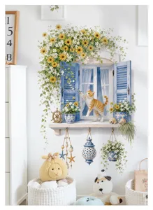 Sticker mural de faux fenêtre 3D avec chat et vignes de fleurs, idéal pour le salon et la déco.