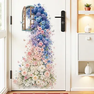 Blue rose fake window wall sticker spring floral PVC self-adhesive door sticker home decoration
