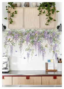 Détail d'autocollant mural de vigne de glycine montrant un autocollant floral frais.