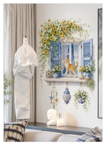 Sticker mural avec fenêtre pittoresque, tournesols et chat mignon, parfait pour la déco intérieure.