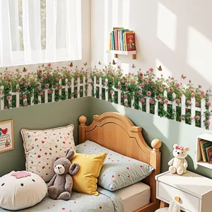 Sticker mural décoratif style pastoral clôture vigne de rose avec fleurs et papillons.