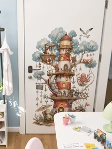 Charmant détail de sticker mural de cabane d'arbre phare nautique pour la chambre d'enfants.