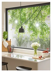 Green leaf window sticker static cling for summer shading, removable PVC glass film for home.