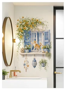 Autocollant mural décoratif fausse fenêtre 3D avec chat fleurs et lianes pour chambre.
