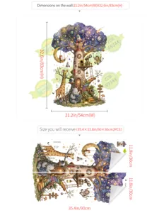 Vue détaillée de l'autocollant mural arbre pour enfants montrant dimensions et disposition.