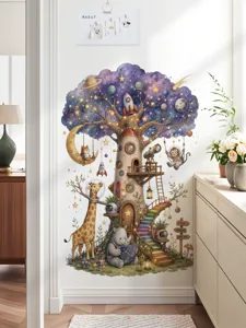 Joli sticker mural arbre de cabane de dessin anime pour chambre d'enfant et decor spatial.