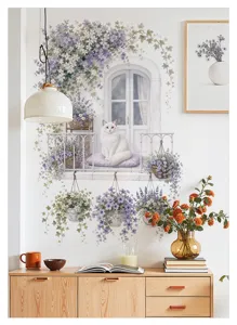 Adhésif mural décoratif avec motif de fenêtre florale et chat mignon pour la maison.