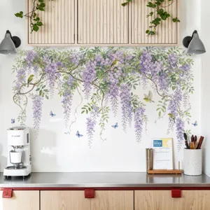 Sticker Mural Vigne de Fleurs et Plantes Pastorales Feuille Verte Murale Amovible pour Décoration Maison Cuisine Papier Peint PVC