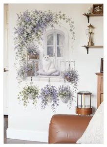Sticker Mural 3D Vue Fenêtre Fleur De Vigne Amovible Autocollant Salon Décoration