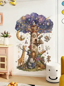 Sticker mural arbre de l'espace mignon avec animaux pour chambre d'enfant, art amovible