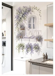 Sticker mural fleur de fenêtre aquarelle autocollant chat vigne romantique déco chambre
