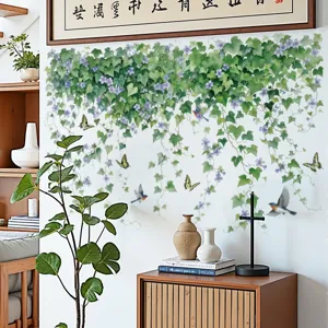 Sticker mural de vigne de fleurs de plantes vertes fraîches pour décor salon, amovible.