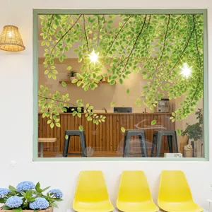 Green forest plant leaf window sticker for glass, removable PVC static cling for home shop.