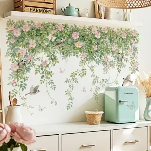 Adhésif mural plantes fleurs oiseaux sticker mural vert amovible pour salon décoration