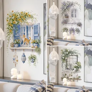 Sticker Mural 3D Fausse Fenêtre PVC Imperméable Vignes Fleurs Motif Chat Décalcomanie Murale Pour Salon Chambre Décoration Maison