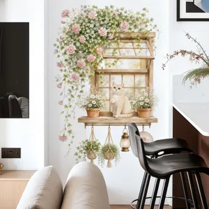 Sticker mural décoratif avec fausse fenêtre, fleurs, lianes et chat mignon pour la maison.