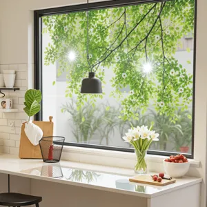 Glass window sticker green leaves tree branch forest static cling removable decor
