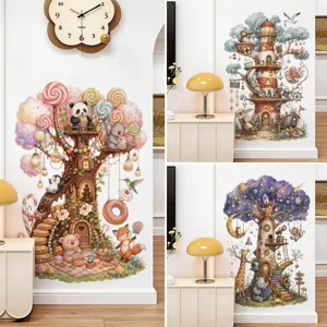 Stickers Muraux Enfants Cabane Animaux Dessin Animé Forêt Champignon Ciel Étoilé Phare PVC Autocollants Muraux Amovibles pour Décoration Chambre