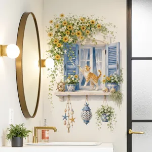 Sticker mural faux fenêtre 3D avec chat mignon et lianes de fleurs, idéal pour la déco intérieure.