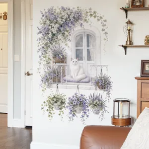 Adhesif mural fenetre fleurs plantes en pot chat decoration interieure papier peint