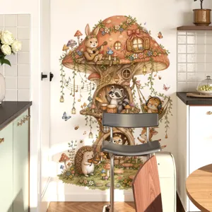 Joli sticker mural arbre champignon dessin animé, décoration murale animaux pour chambre d'enfant.