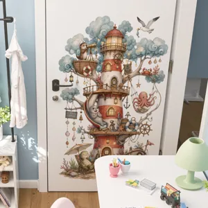 Sticker mural arbre phare pour enfants adorables animaux marin autocollant chambre deco