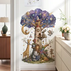 Sticker mural enfant dessin animé arbre espace maison autocollant animaux chambre bébé