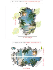3d beach wall sticker palm tree wall decal broken wall ocean view removable home decor
