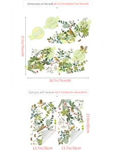 Gedetailleerd muursticker maandiagram toont florale vogel botanische PVC sticker afmetingen.
