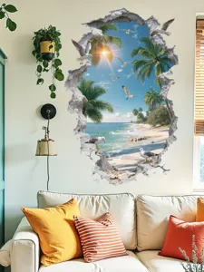 3D beach ocean wall sticker tropical palm trees seagulls living room decor vinyl decal.