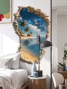 Detailed view of 3D beach and palm tree wall sticker, creating an ocean view in bedroom.