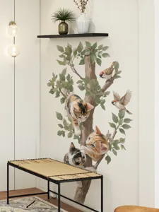 Adhesivo de pared lindo de gato y árbol para decoración del hogar, vinilo adhesivo extraíble.