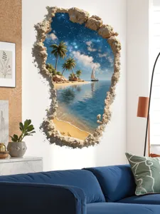 3D tropical beach wall sticker featuring starry night sky and sailboat for bedroom.