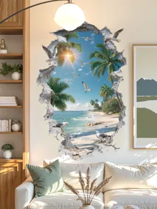 Detailed scene view of the 3D coastal beach wall sticker, perfect for living room sofa background.
