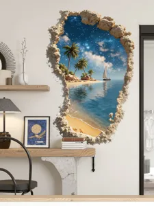 Detailed view of 3D beach wall sticker featuring palm trees and starry night sky in a room.