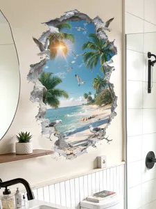 Detailed view of 3D broken wall beach scenery sticker in a modern bathroom background.