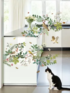 Botanische vogels glasraam sticker anti-botsing bloemige muursticker voor huisdecoratie
