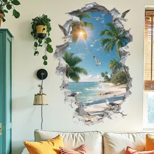 3D Effect Coastal Landscape Wall Sticker PVC Waterproof Broken Wall Vision Palm Tree Seagull Beach Home Decor Wall Decal