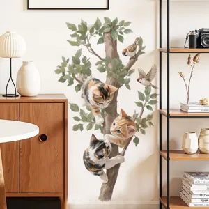 Adhesivo de pared gato y arbol tierno decoracion de fondo floral extraible para hogar