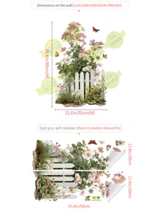 Autocollant mural de fleurs avec clôture et papillons, décoration de maison en PVC.