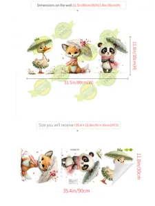 Bonitos pegatinas de pared de animales con paraguas, calcomanías de PVC para ventana infantil.