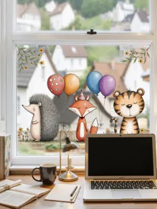 Schattige dieren raamsticker met vos, egel en tijger voor glazen deur en raamdecoratie.