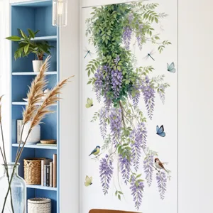 Wisteria Klimplant Muursticker Paarse Bloem Vlinder Vogel PVC Muursticker Voor Woonkamer Slaapkamer Deur Achtergrond Decor